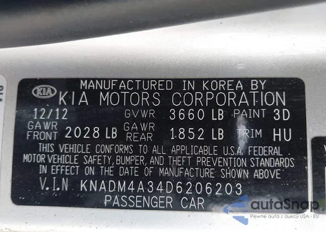 2013 Kia Rio Lx z USA, uszkodzony, nr VIN KNADM4A34D6206203